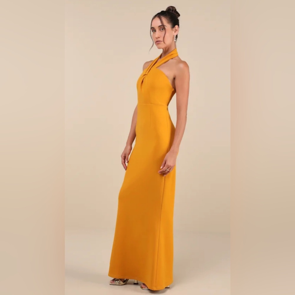 Lulus Mesmerizing Perfection Yellow Halter Neck Backless Maxi Dress Sz small
